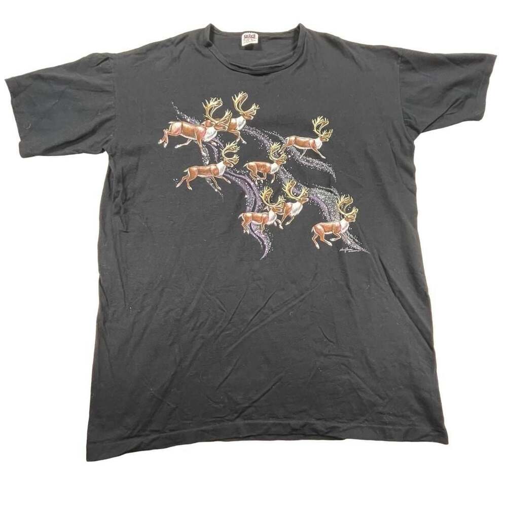 VTG 1994 Single Stitch Anvil Nancy Blauers Reindeer Christmas Tee Black
